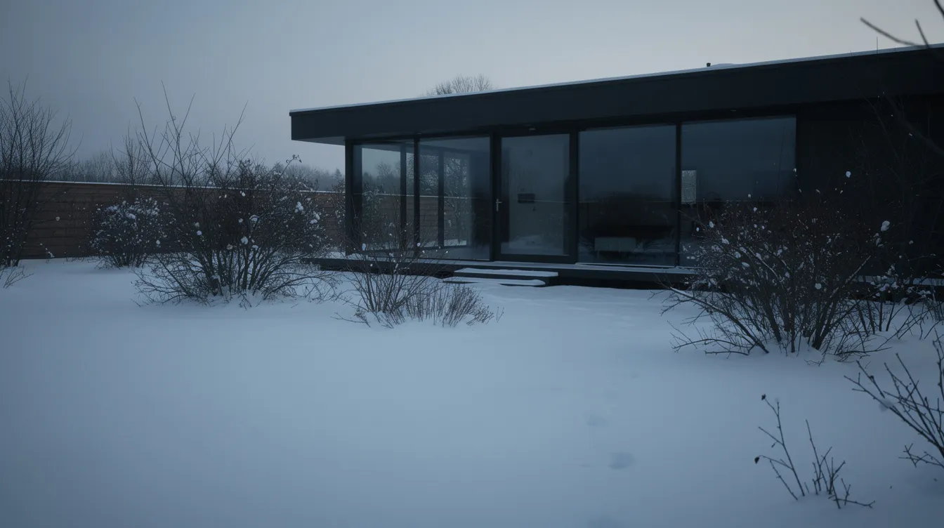 Ein leerer, verschneiter Garten erstreckt sich vor einem dunklen modernen Haus, das in der Dämmerung steht. Die Szene vermittelt ein Gefühl von Stille und Einsamkeit, während das Licht sanft auf die winterliche Landschaft fällt, ähnlich den Themen von Isolation und Klassenkampf in Bong Joon-hos Film "Parasite".