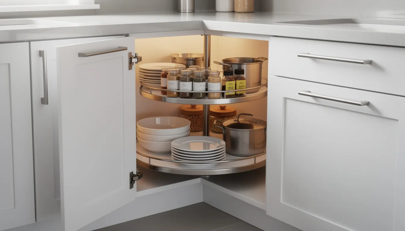 The image features a kitchen corner cabinet equipped with a Lazy Susan mechanism, showcasing rotating shelves that provide organized storage for pantry items and small appliances. This design maximizes storage space and is ideal for optimizing corner areas in kitchen layouts.