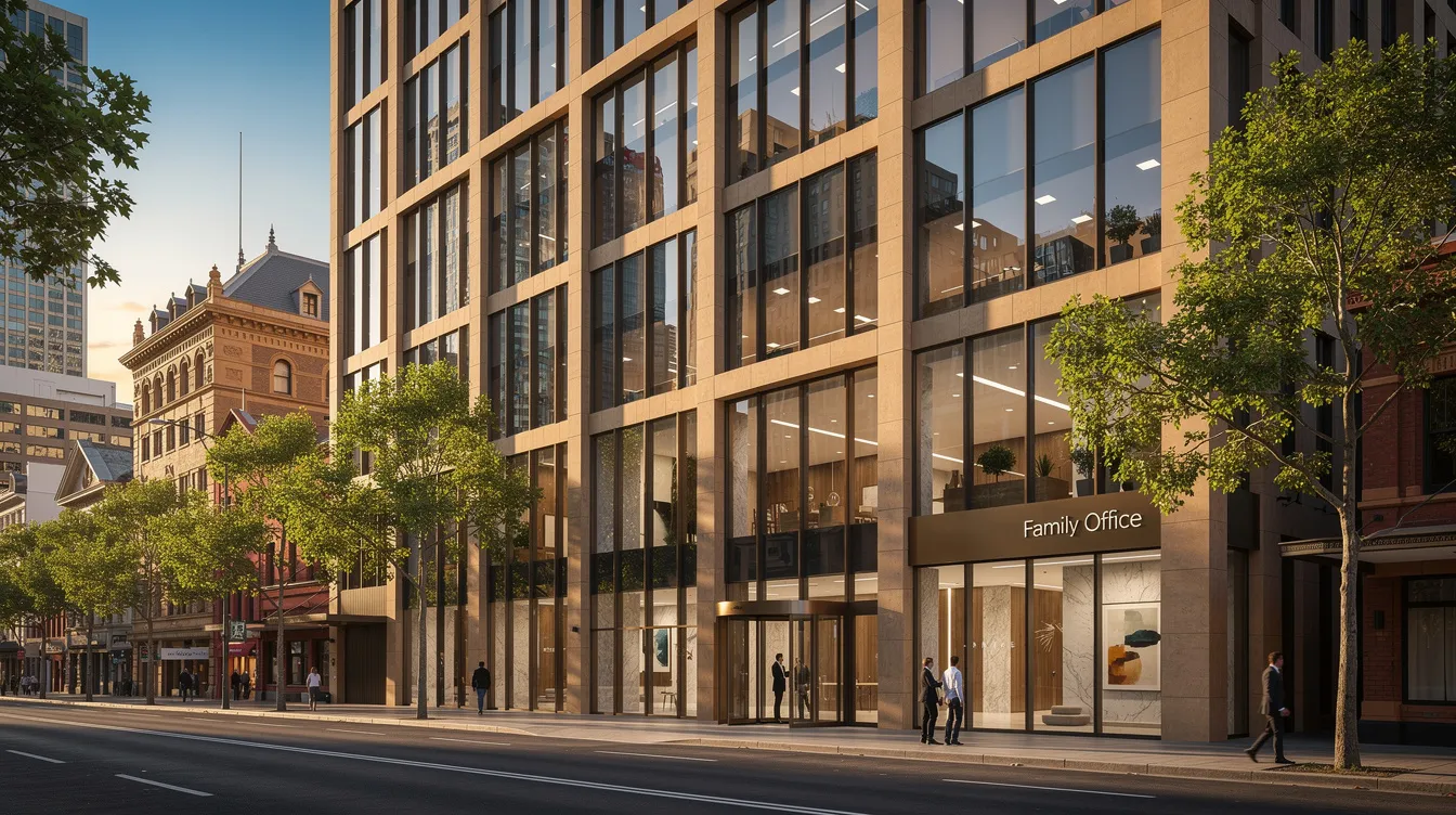 The image depicts a modern office building in an Australian city, symbolizing a family office headquarters that supports wealthy families in managing their wealth and investments. This contemporary structure represents the dedicated team and family governance essential for preserving wealth across generations and achieving long-term success for client families.