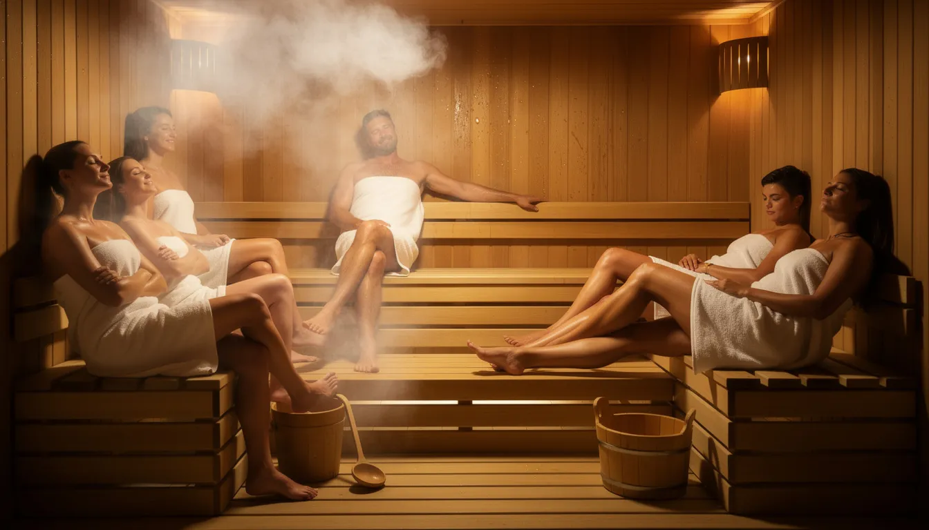 The image shows people relaxing on traditional wooden sauna benches inside an indoor sauna, with visible steam enveloping the space, creating a serene atmosphere. The sauna features high-quality sauna wood, likely made from cedar or nordic spruce, enhancing the authentic sauna experience.