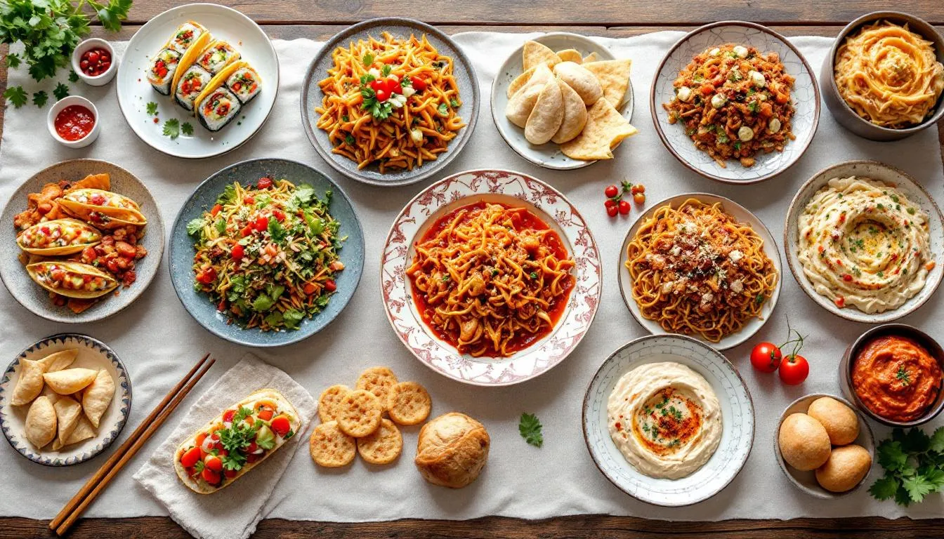 The image features a vibrant spread of diverse international cuisine, showcasing authentic dishes from various cultures, perfect for corporate events or weddings. This buffet service highlights exceptional food quality, offering guests a delicious selection that reflects the rich culinary traditions of the north west, ideal for catering in Oldham and Greater Manchester.