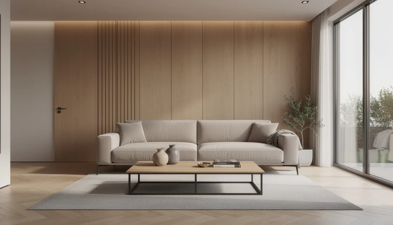 Een moderne woonkamer met stijlvolle houten panelen achter een luxe bank, die een warme uitstraling en een esthetisch aantrekkelijke sfeer creëren. De wandpanelen zijn praktisch en onderhoudsvriendelijk, perfect voor een strakke afwerking in elk interieur.