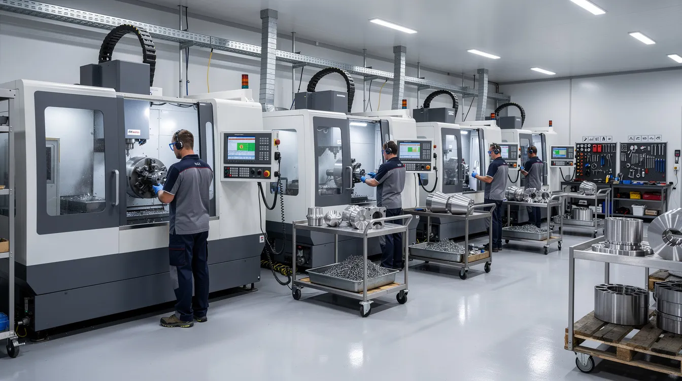 The image depicts a modern CNC machine shop floor featuring multiple industrial CNC machines and operators actively monitoring the production process. Various machining centers are equipped with high-speed spindles and tools, emphasizing efficiency and precision in creating intricate designs from materials like wood and metal.