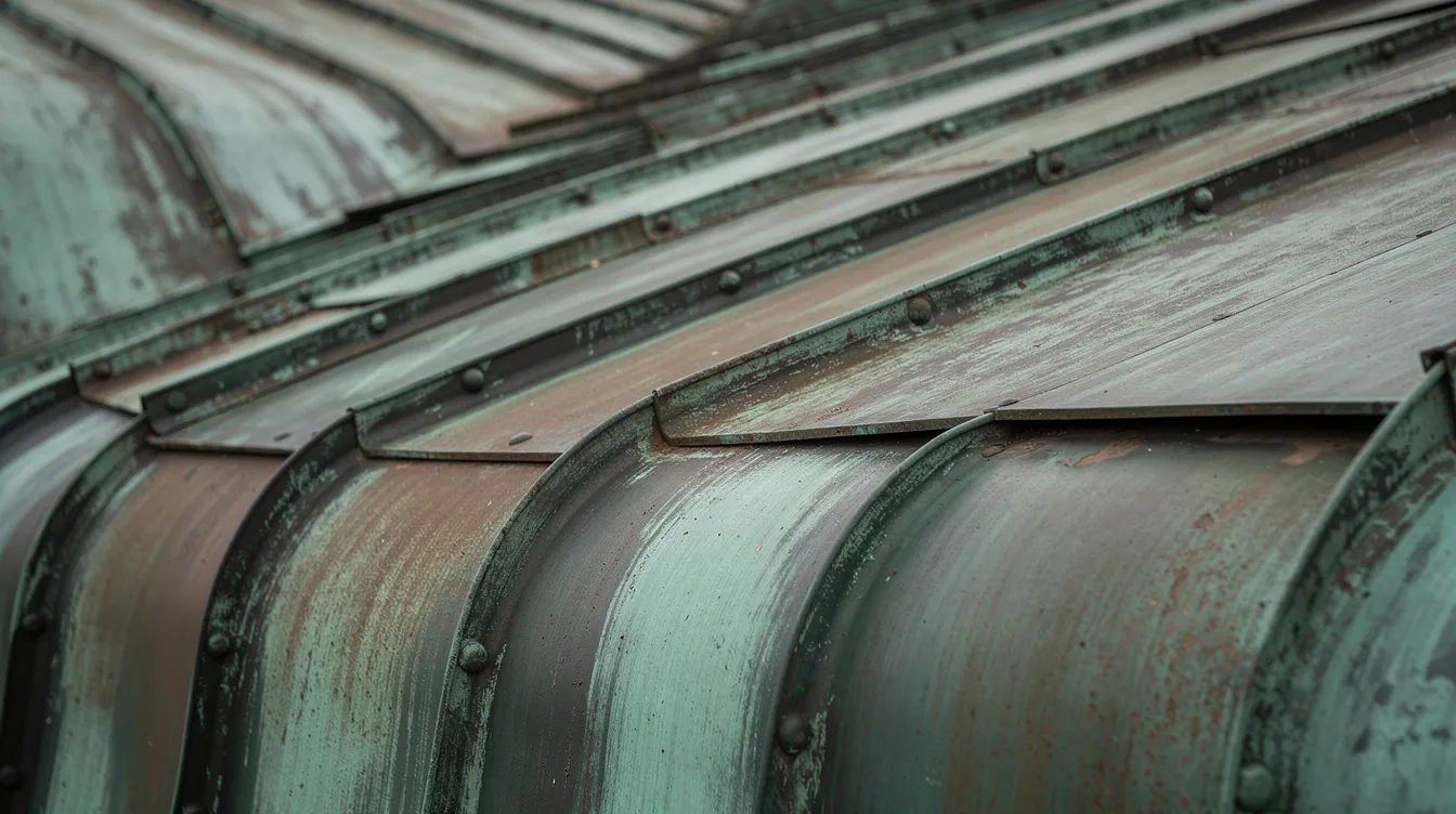 The image features a close-up view of a weathered copper roof on a historic building, showcasing its distinctive green patina that has developed over time. This metal roofing material highlights the beauty and durability of copper, a popular choice among different metal roof types for its corrosion resistance and unique aesthetic appeal.