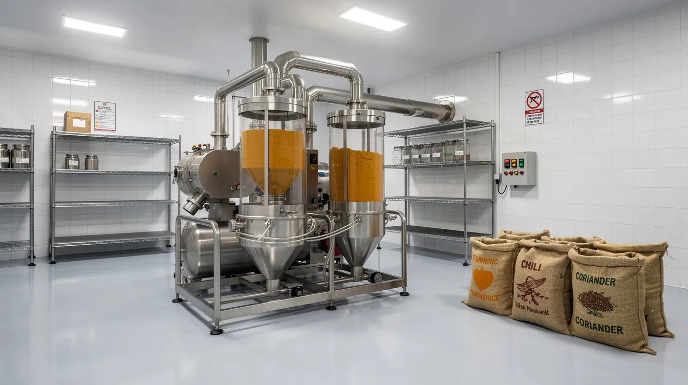 6e4e9c31 f14f 4d2d 9764 71bc8fc9d371 The image depicts industrial spice grinding machinery located within a small, clean factory workshop, showcasing the equipment used for processing high-quality raw spices. This setting is ideal for a spice business focused on producing organic spices and catering to the Indian spice market.