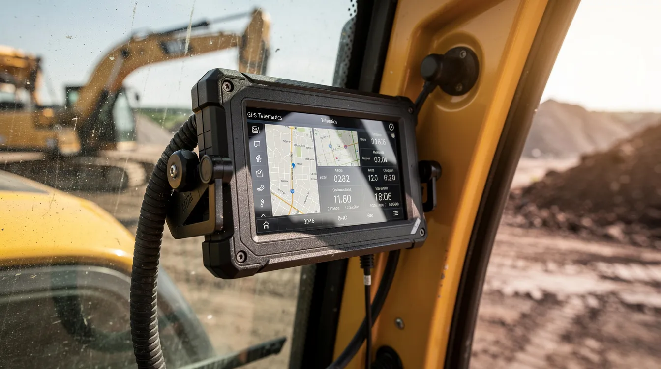 Telematics device mounted inside construction equipment cab.