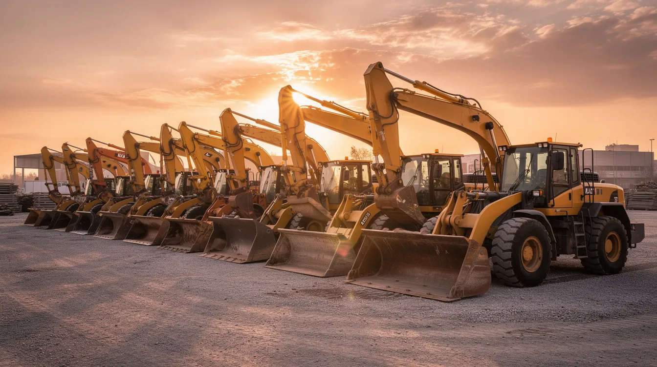 Row of heavy construction machines staged in a yard, illustrating fleet visibility and rental equipment coordination.