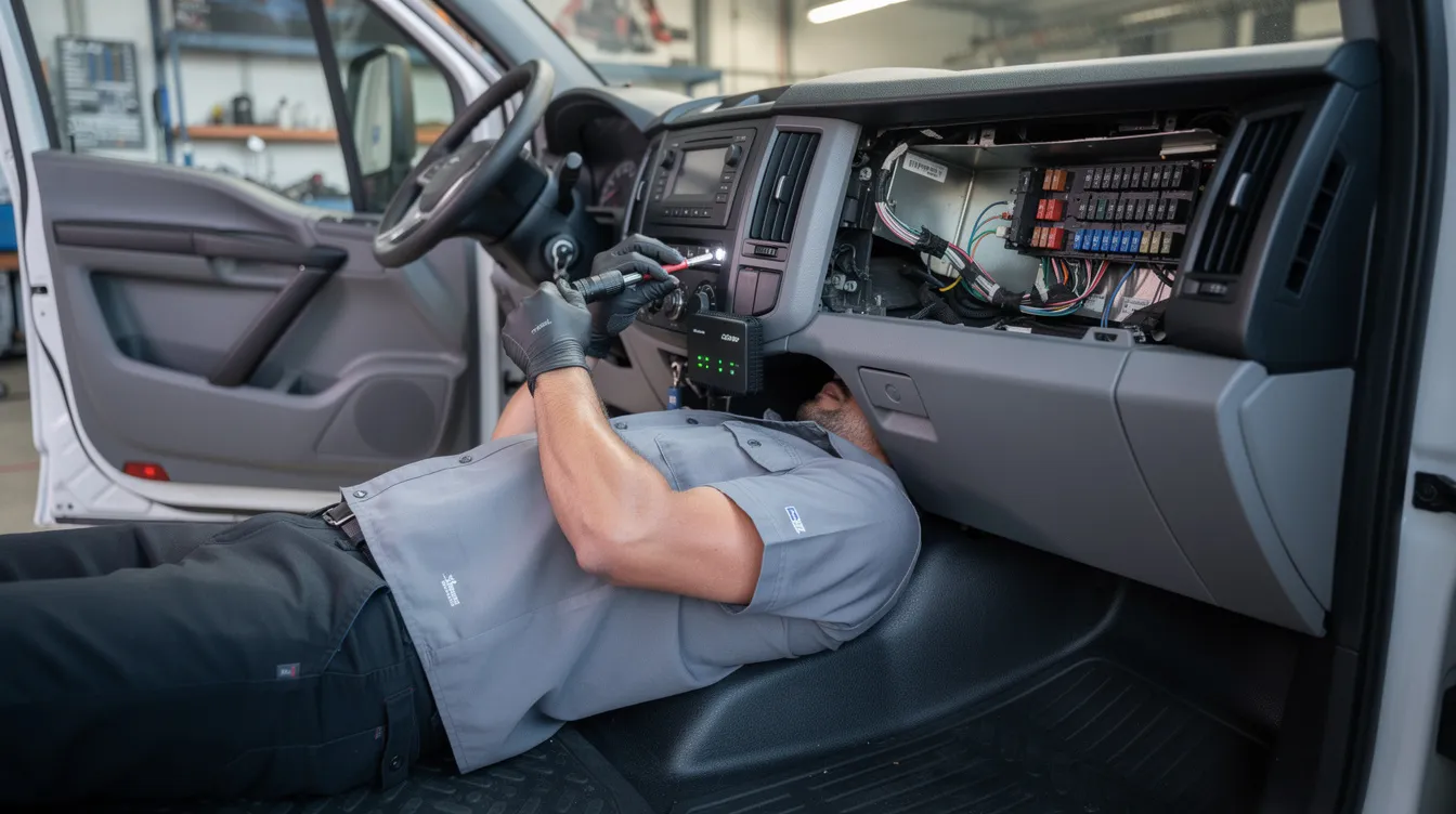 ELD devices: A technician is seen working under the dashboard of a truck, installing telematics hardware that is crucial for electronic logging devices (ELDs). 