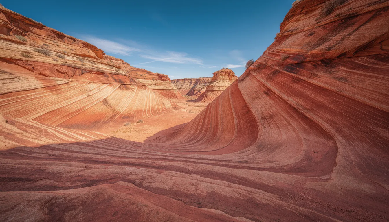 The image depicts vibrant red and orange layered sandstone waves illuminated by the bright desert sun, showcasing the stunning rock formations characteristic of Zion National Park in southern Utah. This breathtaking landscape highlights the unique geological features that attract visitors from Las Vegas and beyond.