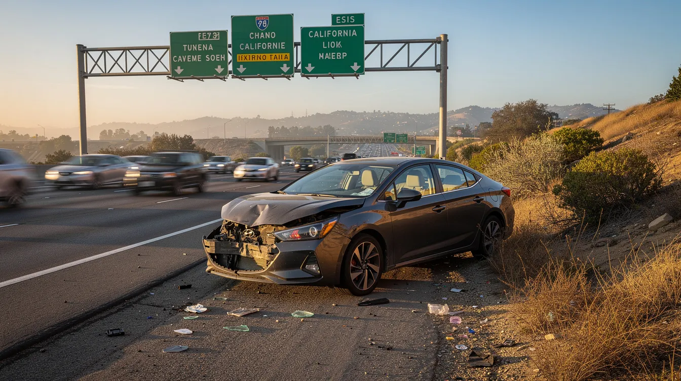 The image shows a damaged car safely pulled to the side of a California freeway after a collision, highlighting the aftermath of a car accident. This scene emphasizes the importance of seeking legal advice from a car accident lawyer to navigate the claims process and recover compensation for vehicle damage and medical expenses.