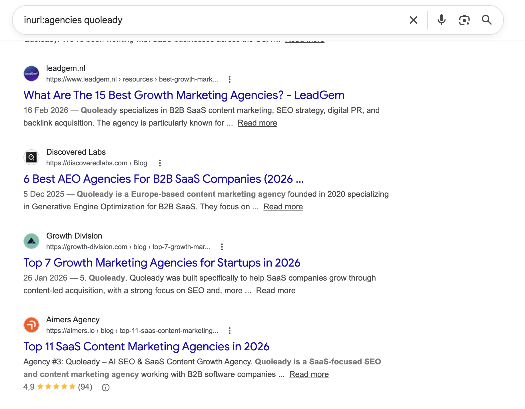 Google search results showing Quoleady's branded search presence across third-party listicles