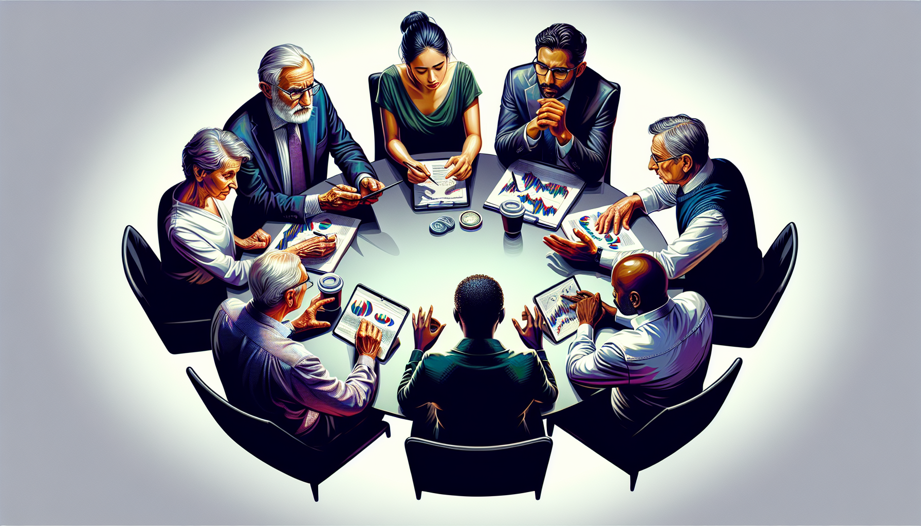 Illustration of diverse group of investors discussing potential investments