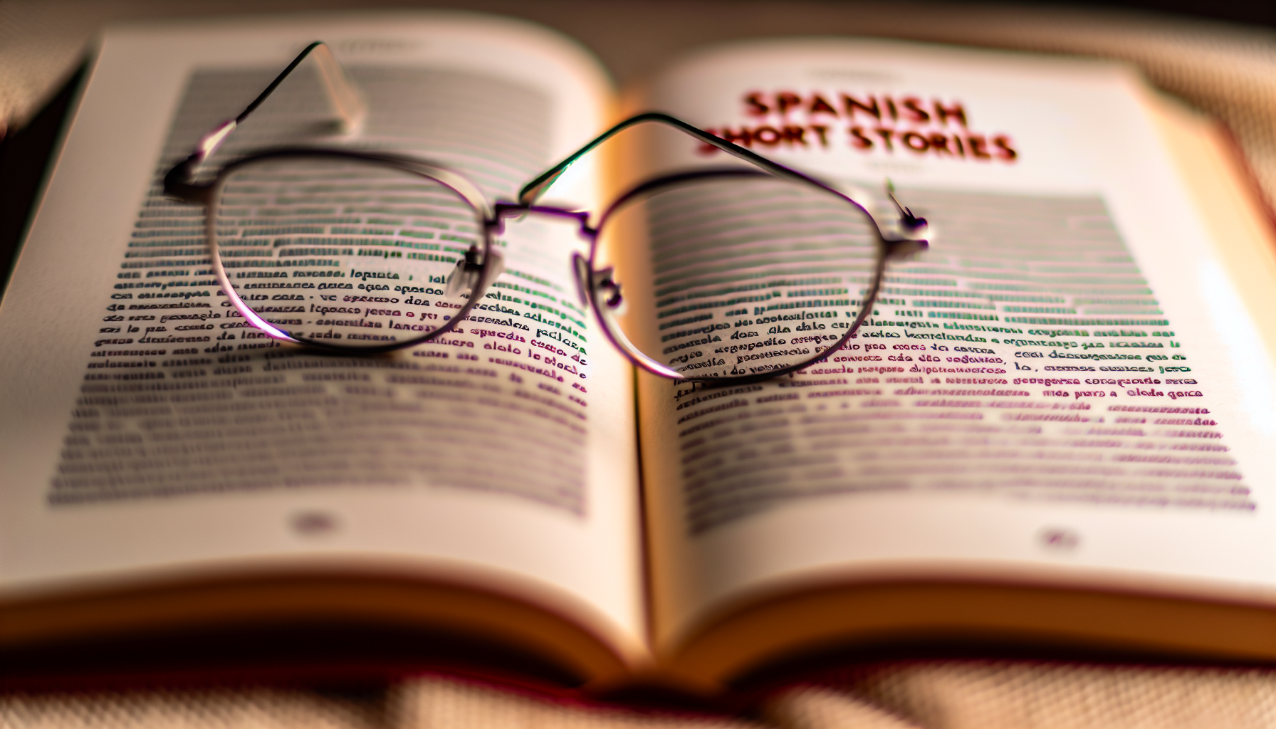 Photo of an open book with the title 'Spanish Short Stories' and a pair of glasses on top