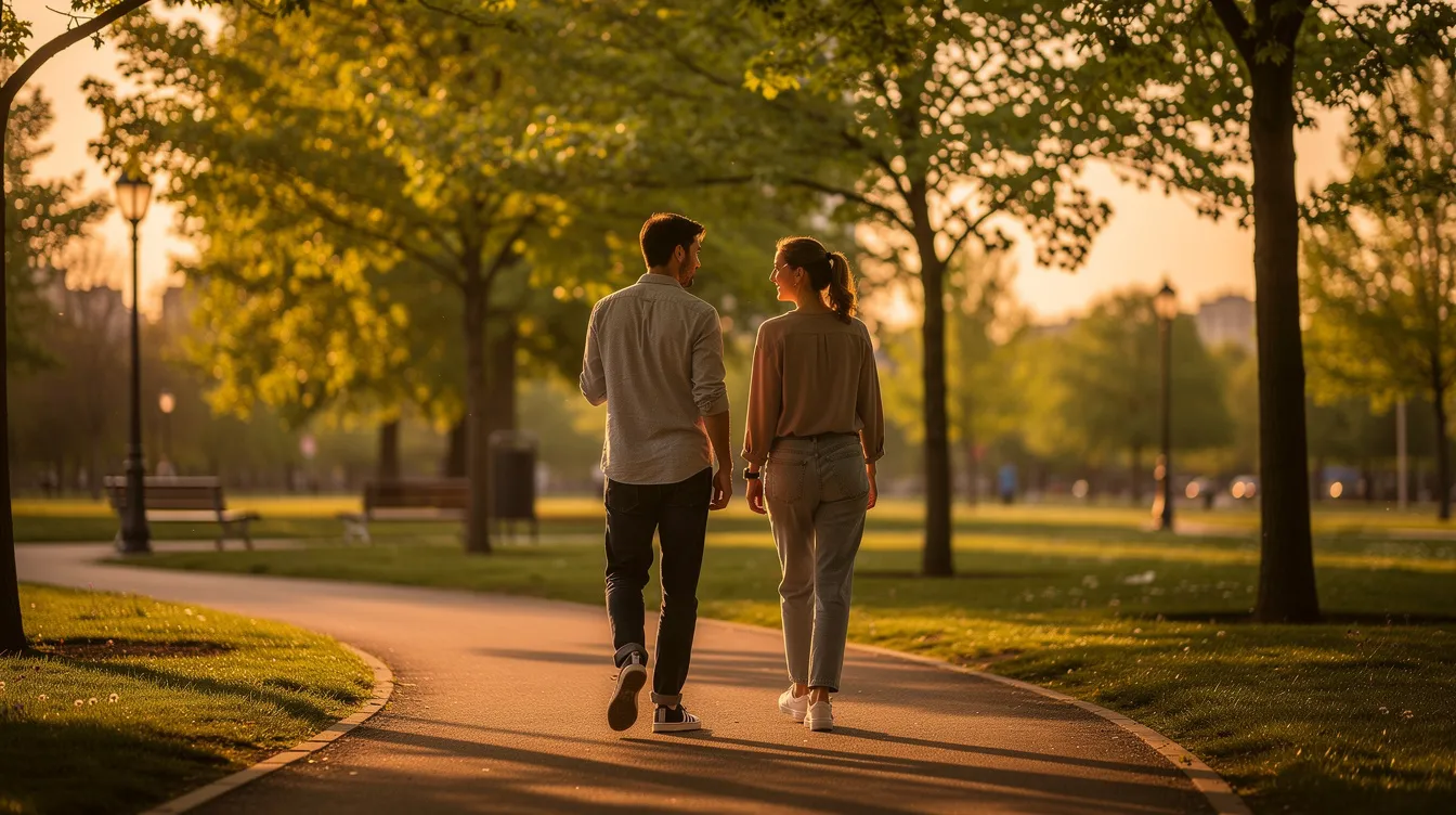 Twee mensen wandelen naast elkaar door een rustig park, omringd door groene bomen en het warme avondlicht dat een harmonieuze sfeer creëert. Deze scène symboliseert positieve veranderingen en spirituele groei, waarbij de verbinding tussen de twee personen een sterke boodschap van liefde en innerlijke balans uitstraalt.