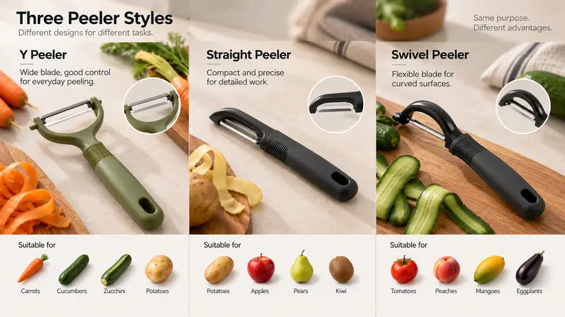 Side-by-side comparison of Y, straight, and swivel peeler structures, showing blade orientation, hand position, and suitable produce.