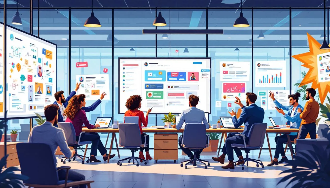 The image depicts a vibrant scene showcasing professionals from advertising agencies in the creative industries, collaborating to build brands and generate big ideas that capture the attention of audiences. The atmosphere is filled with innovation and creativity, reflecting the fast-paced nature of the marketing world as they strategize to change behavior and connect with clients.