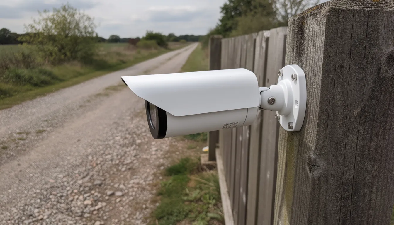 A bullet security camera is mounted on a wooden fence post, providing a clear view of a gravel driveway. This outdoor security camera is part of a comprehensive security system designed to deter intruders and monitor activity in residential and commercial properties.