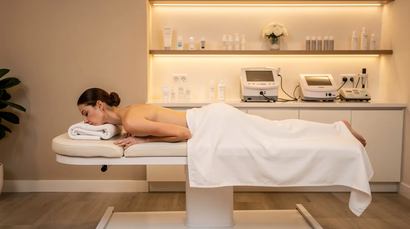 The image shows a patient lying comfortably face-down on a treatment table in a modern medspa room, illuminated by warm lighting, as they prepare for a non-surgical butt lift procedure aimed at enhancing the buttock region with minimal downtime. The serene environment suggests a focus on achieving desired results through safe and effective treatments.