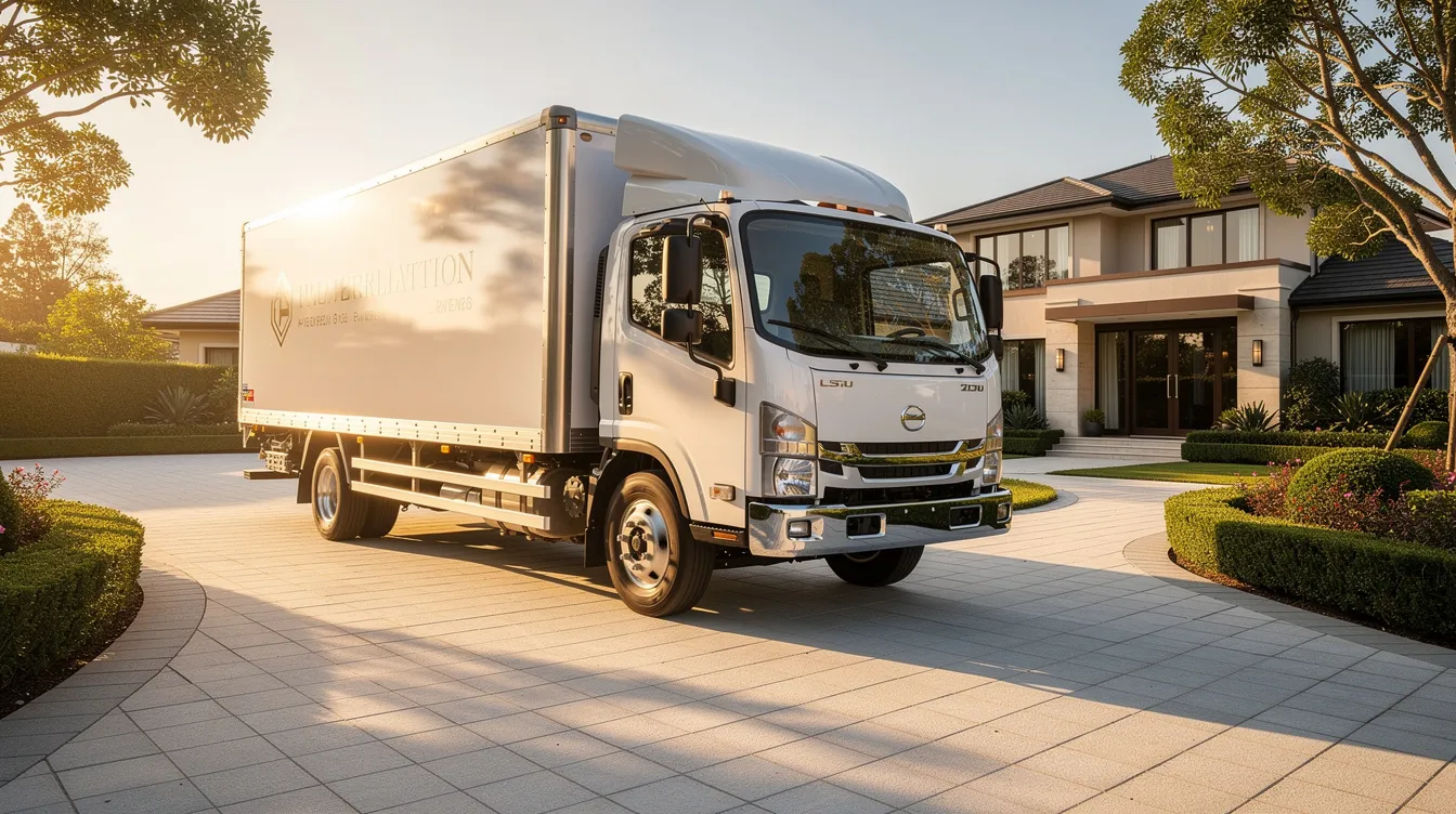 A professional carrier truck arrives at an upscale residential driveway, ready to provide luxury auto transport services for exotic vehicles. The truck is equipped with enclosed trailers, ensuring maximum protection for high-value cars during their journey.