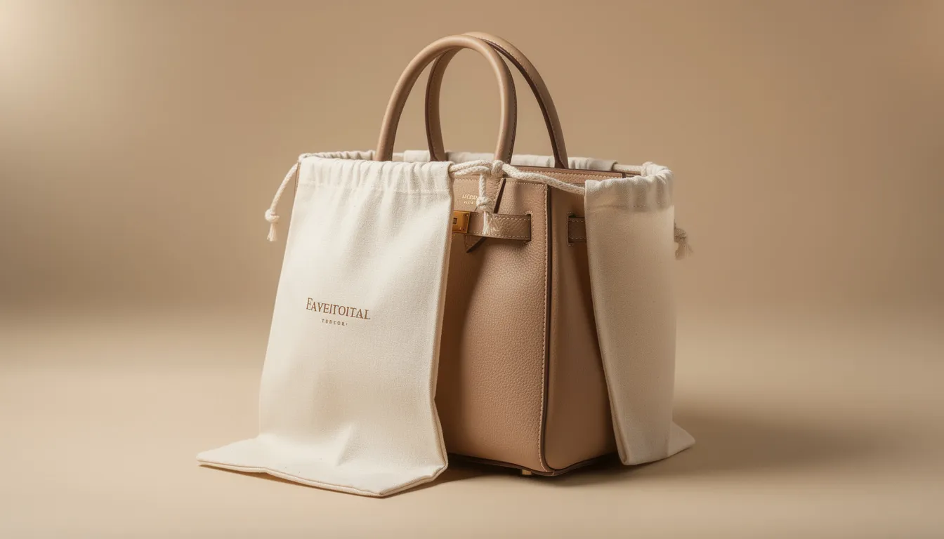 An elegant leather handbag is stored upright inside a breathable cotton dust bag, protecting it from dust while allowing the leather's natural oils to breathe. This storage method helps maintain the quality of the leather bag and keeps it looking pristine.