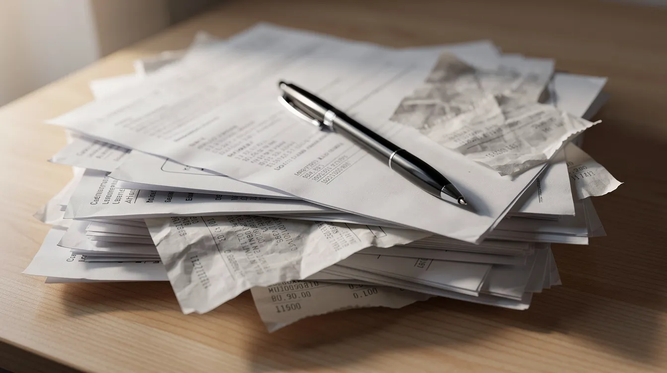 The image shows a stack of documents and receipts alongside a pen on a wooden desk, symbolizing the paperwork often involved in loan applications under the Pradhan Mantri Mudra Yojana. These documents may include details required for eligibility, loan amounts, and evidence for applicants seeking financial support for their enterprises.