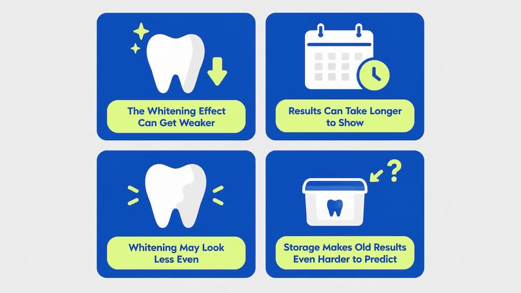 Four illustrated effects of expired strips: the whitening effect can get weaker, results can take longer to show, whitening may look less even, and storage makes old results even harder to predict
