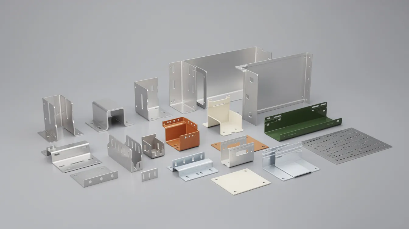 The image showcases a variety of precision bent sheet metal components, including brackets, enclosures, and panels, highlighting the intricate details of the sheet metal bending process. Each piece demonstrates varying bend angles and tight tolerances, emphasizing their applications in different industries and the importance of accurate bending techniques for structural integrity.
