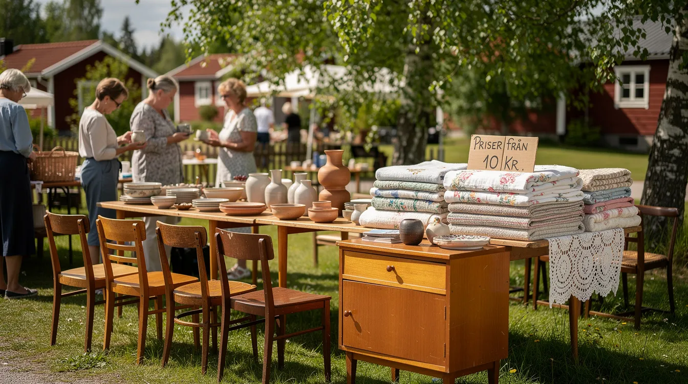 En livlig loppisscen utomhus med vintage-möbler, keramik och textilier som kuddar och plädar, noggrant uppradade på bord. Här finns många möjligheter att inreda billigt och skapa en personlig stil för hemmet, även på en liten budget.