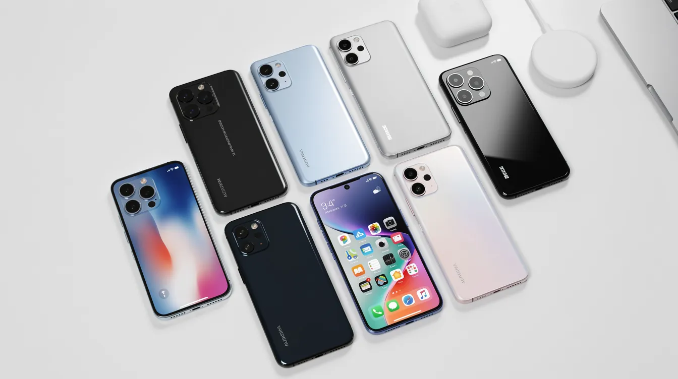 The image features a collection of modern smartphones from various brands neatly arranged on a clean white desk, showcasing devices that support eSIM technology alongside traditional physical SIM cards. This setup highlights the convenience of mobile data management through eSIM profiles, allowing users to stay connected without the hassle of swapping physical SIM cards.