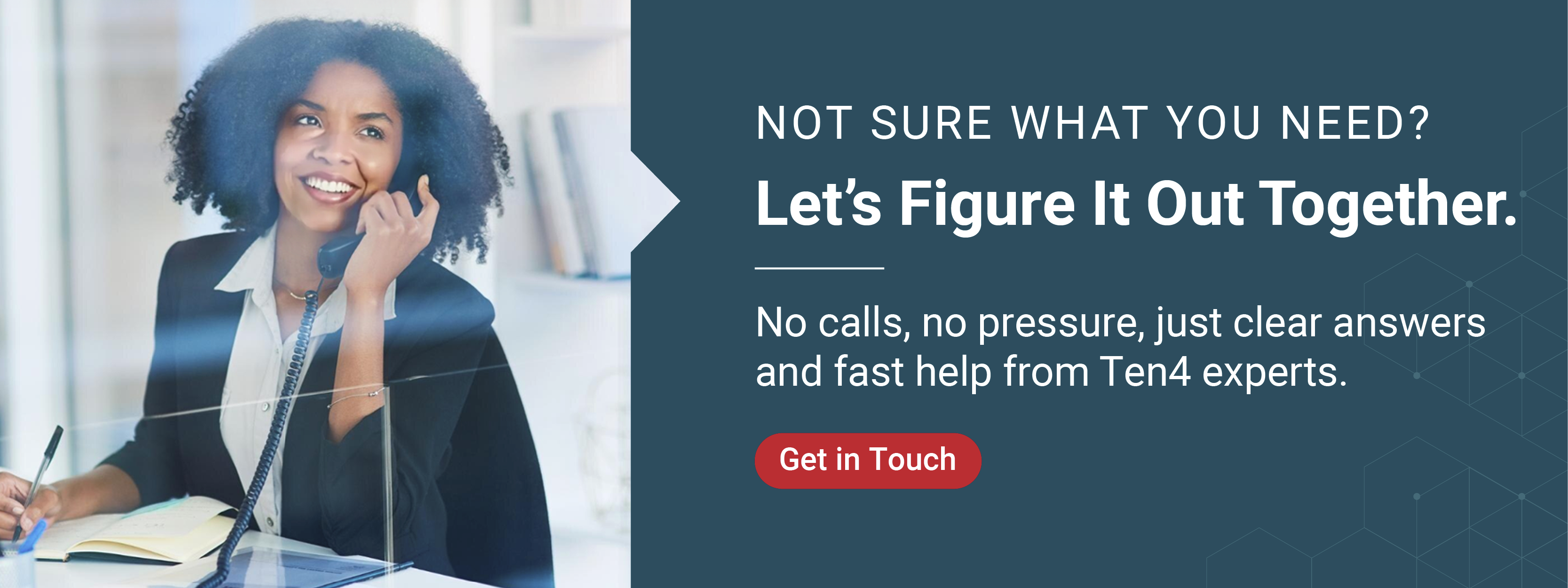 A woman speaks confidently on the phone while working. Text on the right encourages users to get support from Ten4 experts in navigating telecom expense management services.