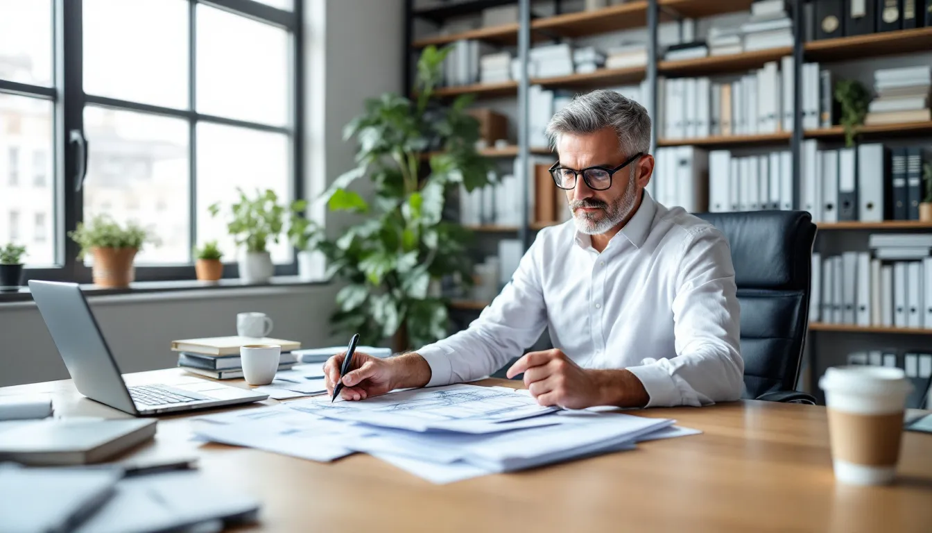 Um engenheiro civil está sentado em um escritório, assinando documentos técnicos relacionados a um projeto de construção civil. Ele revisa um memorial descritivo, que contém informações importantes sobre a obra, incluindo plantas, características do terreno e normas de segurança.
