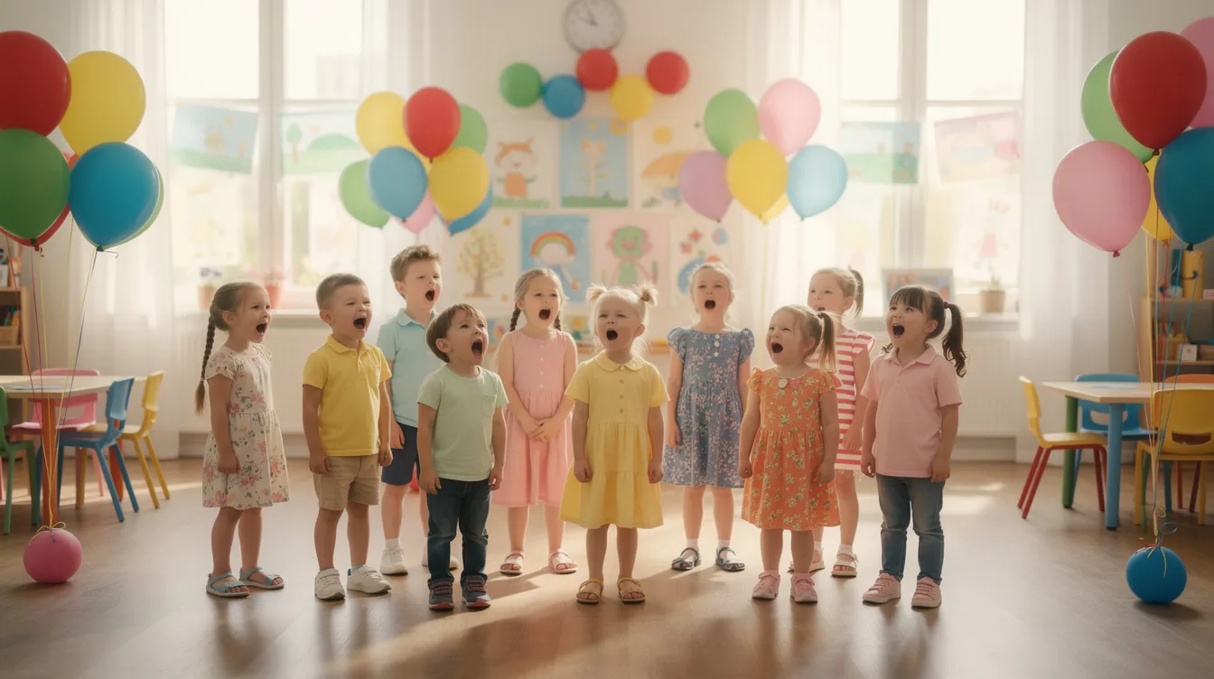 Grupa uśmiechniętych przedszkolaków stoi w półkolu, śpiewając radosną piosenkę z okazji Dnia Kobiet w przedszkolu, w tle widać kolorowe balony, które dodają uroku tej wyjątkowej uroczystości. Dzieci, zarówno chłopcy, jak i dziewczynki, cieszą się miło spędzonym czasem, a radosna atmosfera panuje w całej sali.