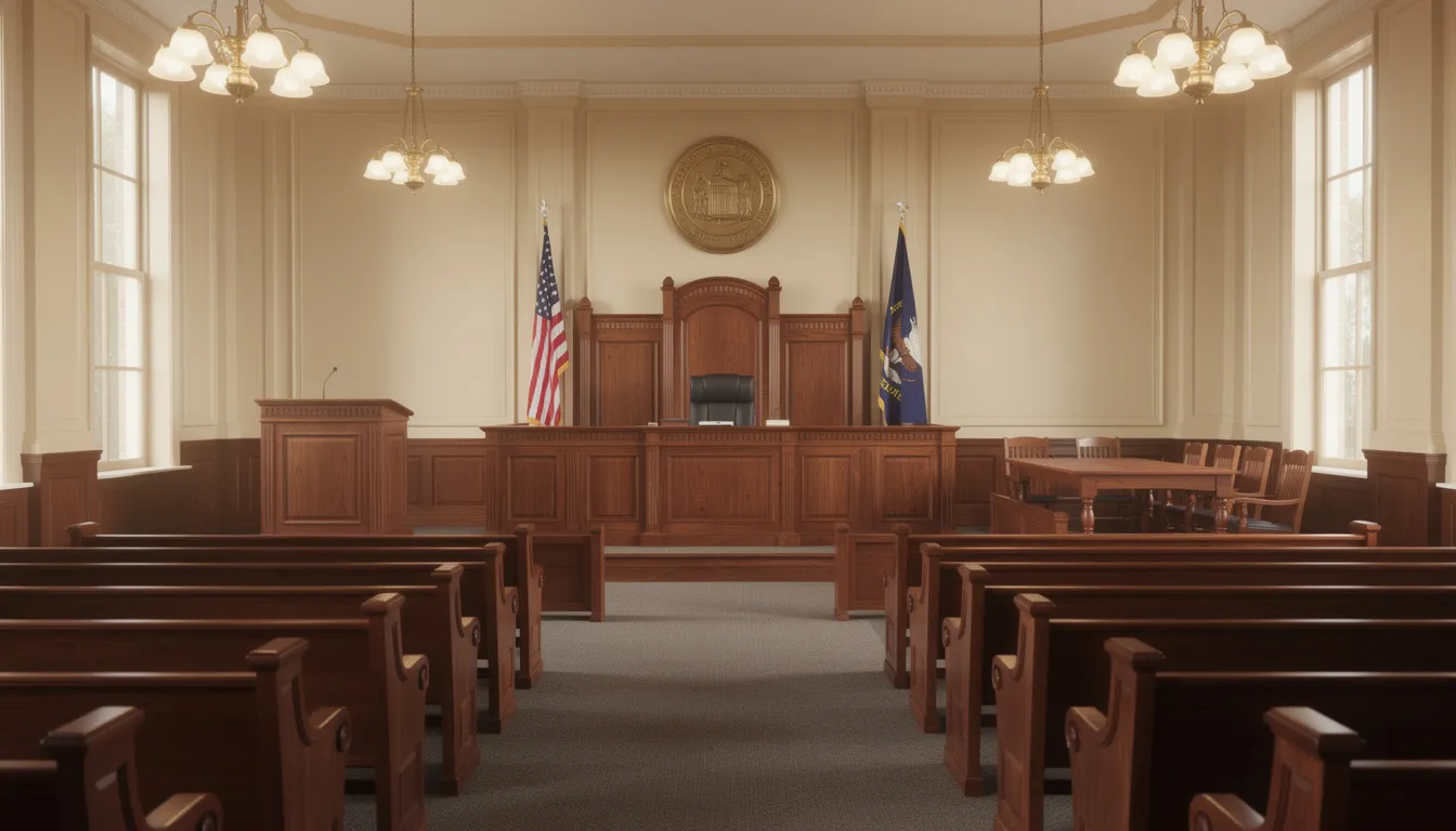 The image depicts the interior of a courtroom featuring wooden benches arranged for spectators and a prominent judge's bench at the front. This setting is where legal proceedings, such as car accident lawsuits, take place, allowing parties involved in personal injury claims to seek fair compensation for their injuries and losses.