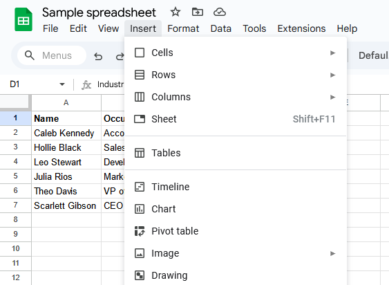 A screenshot of Google Sheets with the Insert menu open.