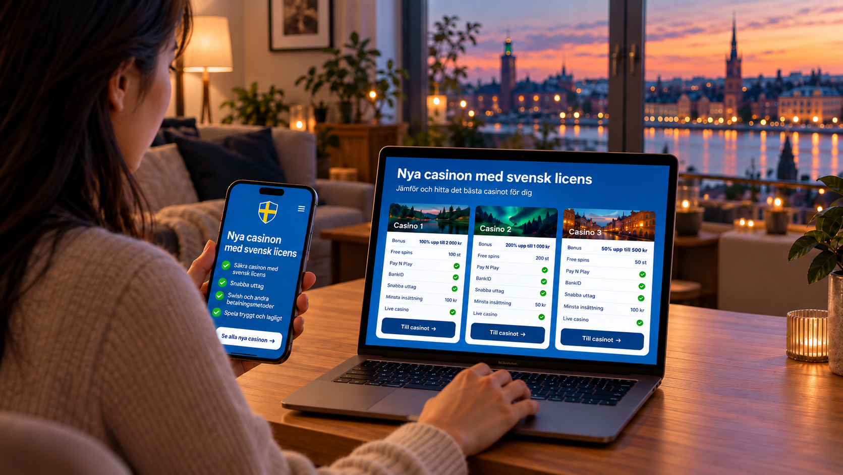 Jämförlese mellan nya casinon med svensk licens på mobil och laptop i hemmiljö.