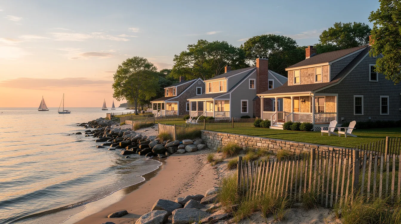 The image depicts a scenic coastal shoreline in Connecticut, featuring charming single-family homes situated near the water, with a view of the Long Island Sound. This inviting community offers a picturesque setting for family life and independent living, making it an ideal location for seniors and adults looking for a comfortable and accessible home.