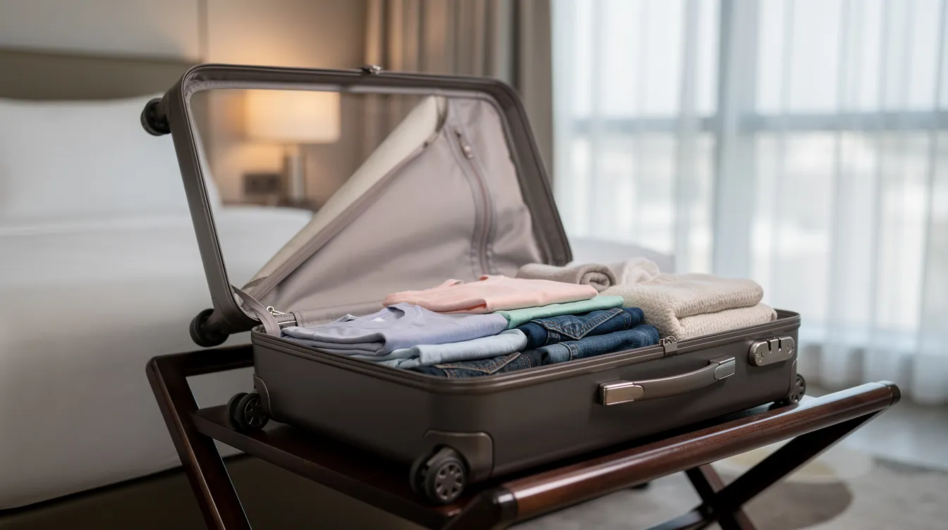 The image shows a neatly organized open suitcase placed on a hotel luggage rack, displaying folded clothes and a few packing cubes, suggesting an efficient packing method for clean and dirty clothes during travel. The arrangement highlights the importance of keeping belongings tidy and ready for both short trips and longer journeys.
