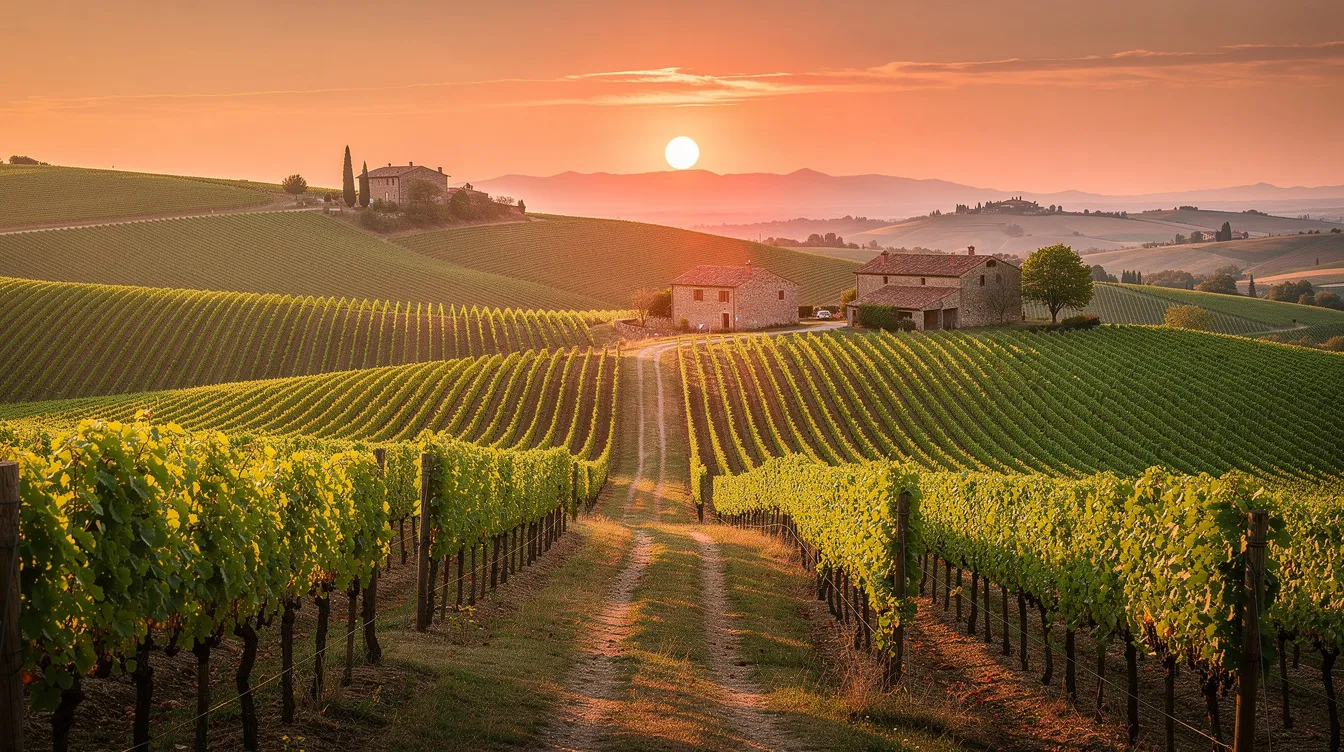 L'image montre des vignobles vallonnés baignés par la lumière dorée du coucher du soleil, créant une atmosphère paisible et romantique. Au loin, on peut apercevoir des rangées de vignes qui promettent des saveurs riches et variées, parfaites pour une dégustation de vins rouges et blancs.