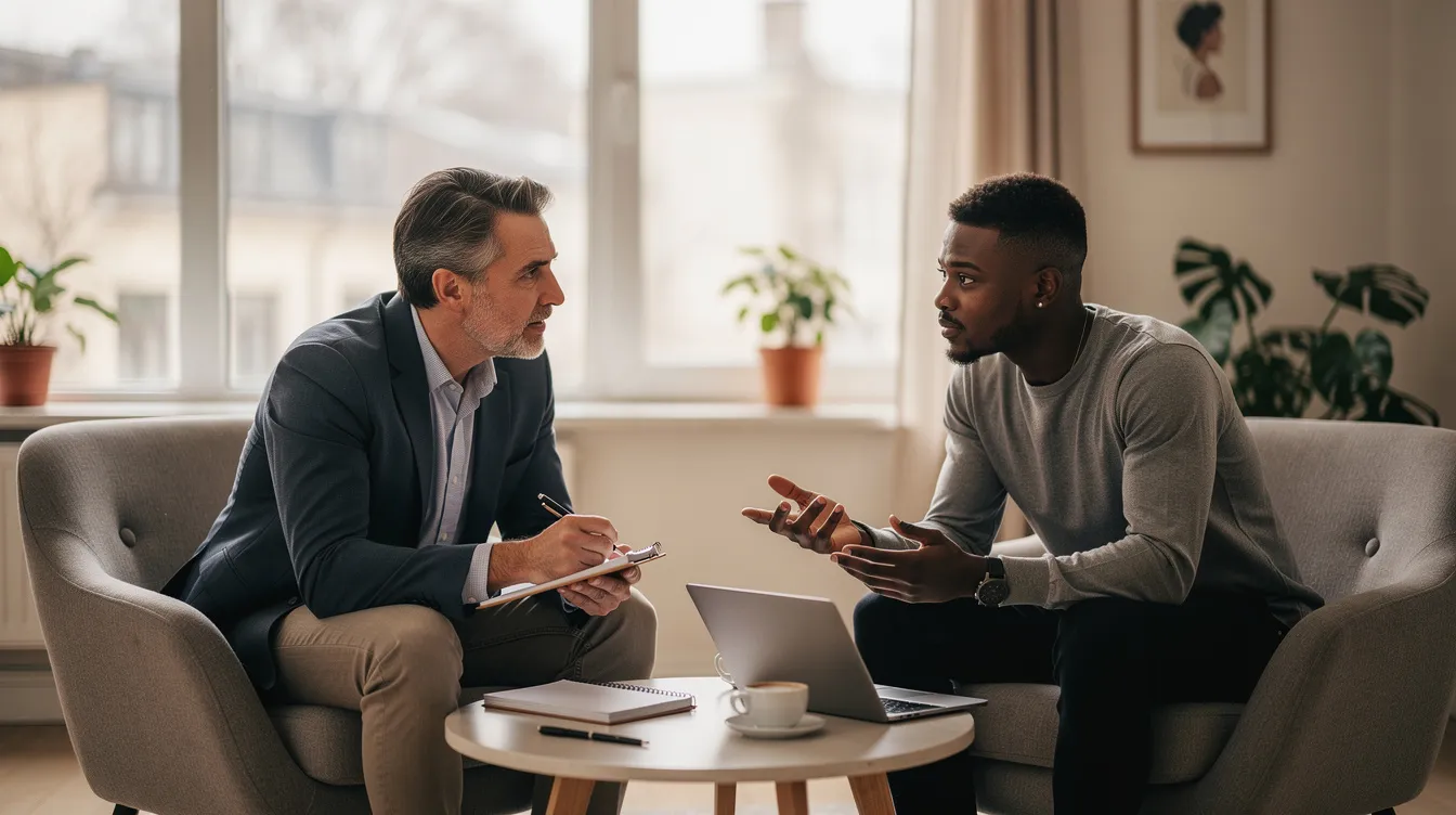 The image depicts two professionals engaged in a focused conversation within a comfortable office setting, symbolizing a coaching relationship that fosters personal growth and enhances leadership skills. This interaction highlights the importance of coaching practices in human resource management and the development of effective leadership styles.
