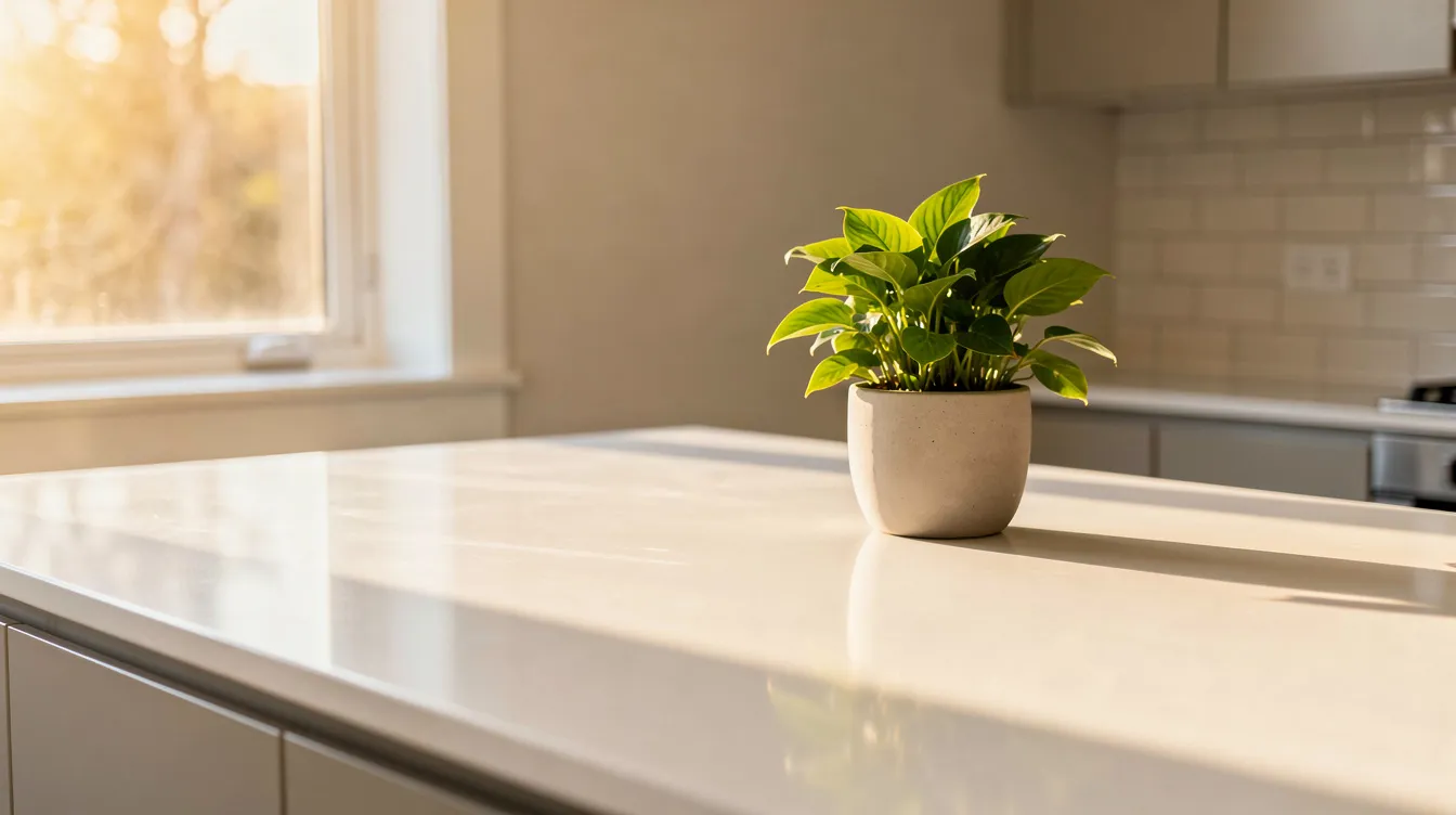 A clean kitchen counter is illuminated by warm morning sunlight, featuring a vibrant potted plant that adds a touch of nature to the space. This serene setting reflects the importance of time management for busy moms, creating an inviting atmosphere to plan daily tasks and meals efficiently.