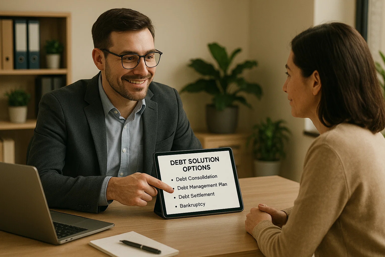 Financial advisor explaining different IVA alternatives to a client in a modern office setting.