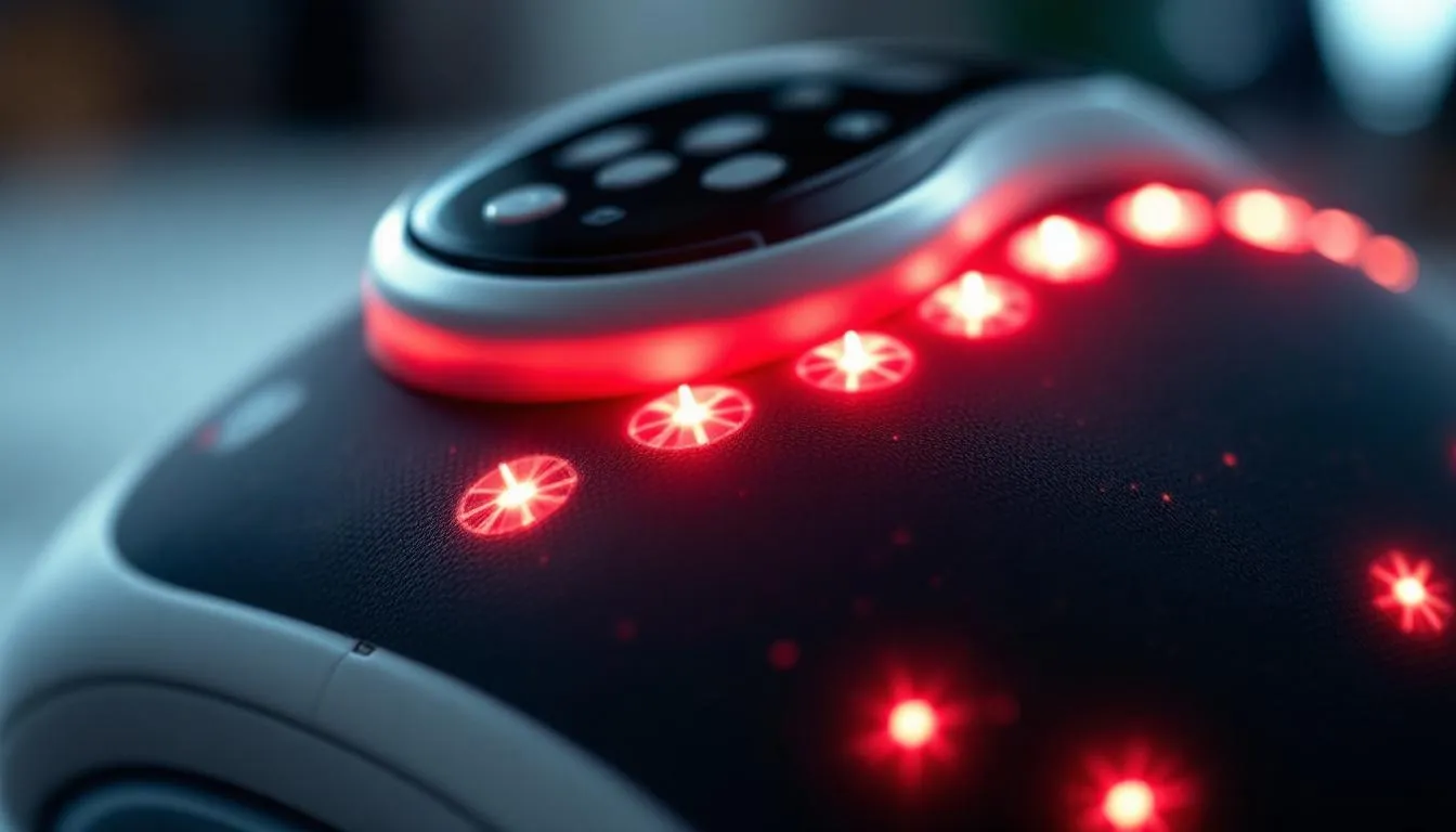 This close-up image features a knee massager equipped with infrared lights and a control panel, designed to provide pain relief for knee issues. The device aims to boost circulation and reduce discomfort, making it a valuable tool for individuals dealing with joint pain and stiffness.