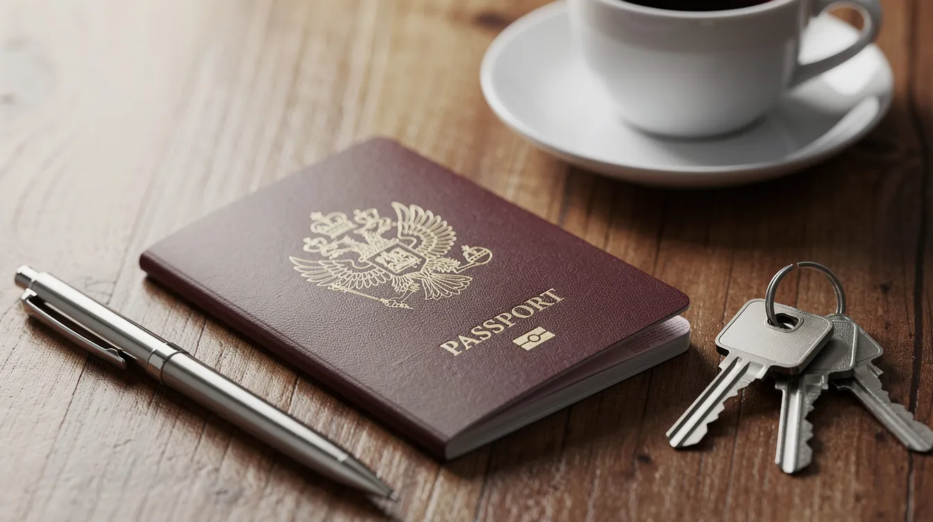 A close-up view of a European-style passport rests on a wooden desk, accompanied by a pen, a coffee cup, and a set of house keys, symbolizing the journey of moving to Spain for new opportunities, such as obtaining a Spanish residency or bank account. The warm ambiance of the desk suggests a moment of planning for a new life abroad.