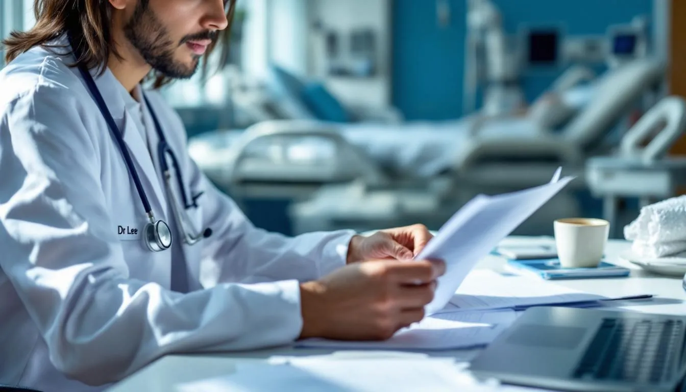 A healthcare professional is seated at a desk, reviewing medical documents with a stethoscope nearby, emphasizing the importance of communication and support in discussions regarding an employee's health and wellbeing. This scene highlights the vital role of healthcare providers in addressing concerns and offering guidance during welfare meetings.