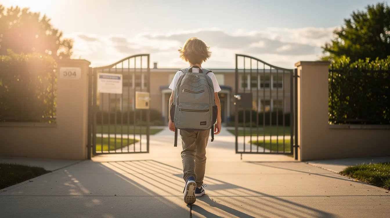 A child is walking toward a primary school gate, carrying a colorful school bag, illuminated by the soft morning light. This scene captures the excitement and nervousness of a child's transition as they prepare for the new school year, navigating their way into a new environment filled with opportunities for social skills and independent learning.