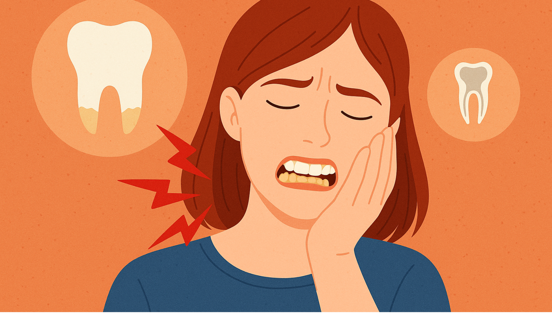 Erosjon på Tennene: Den Usynlige Skaden Du Ikke Merker Før Det Er For Sent 1 Illustrasjon av kvinne med tannverk og synlig emaljeslitasje, omgitt av symboler for tannerosjon og smerte.