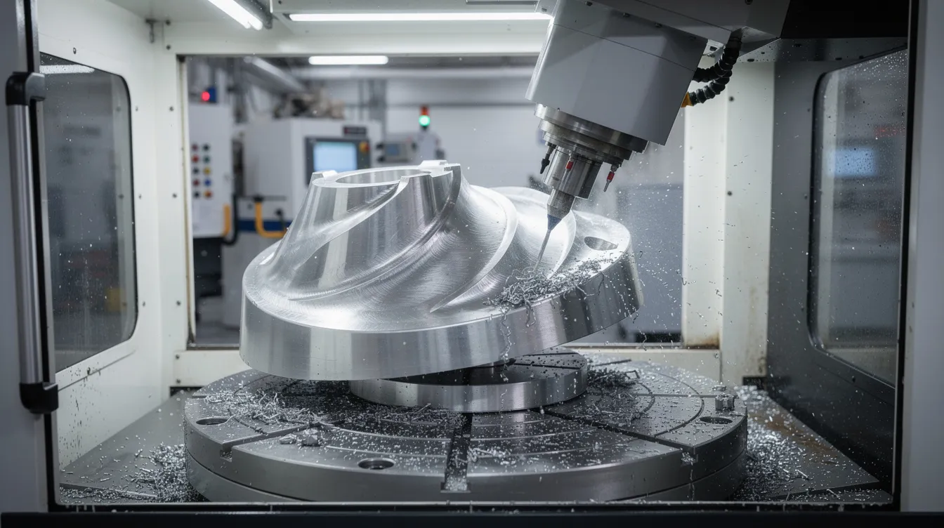 The image shows a five-axis CNC machining center actively cutting a complex curved metal part, showcasing multiple angles of the piece. This advanced CNC machining process highlights the precision and versatility of the machine in fabricating intricate designs.