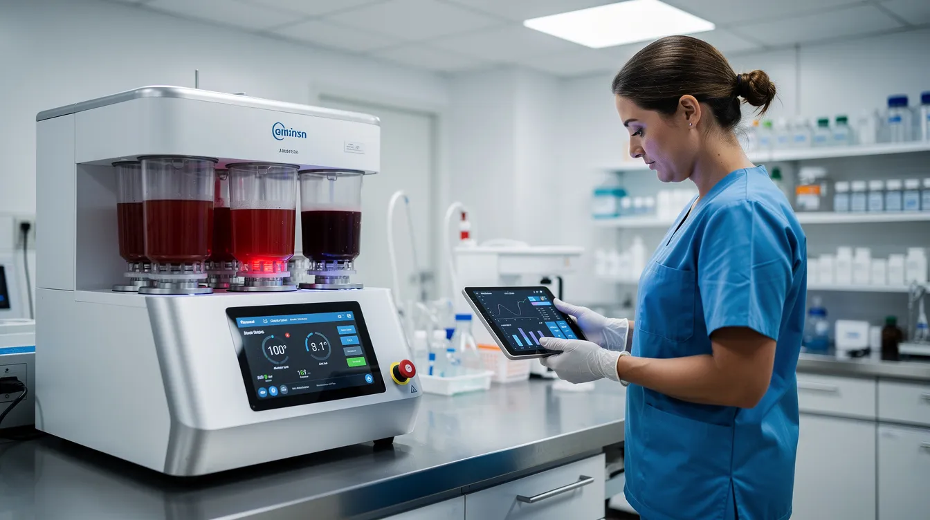 A medical professional is attentively monitoring blood separation equipment in a clinical setting, where plasma exchange therapy is conducted to explore its potential in reducing biological age and improving health outcomes for patients with age-related diseases. This environment reflects ongoing research aimed at demonstrating the benefits of therapeutic plasma exchange in clinical trials.