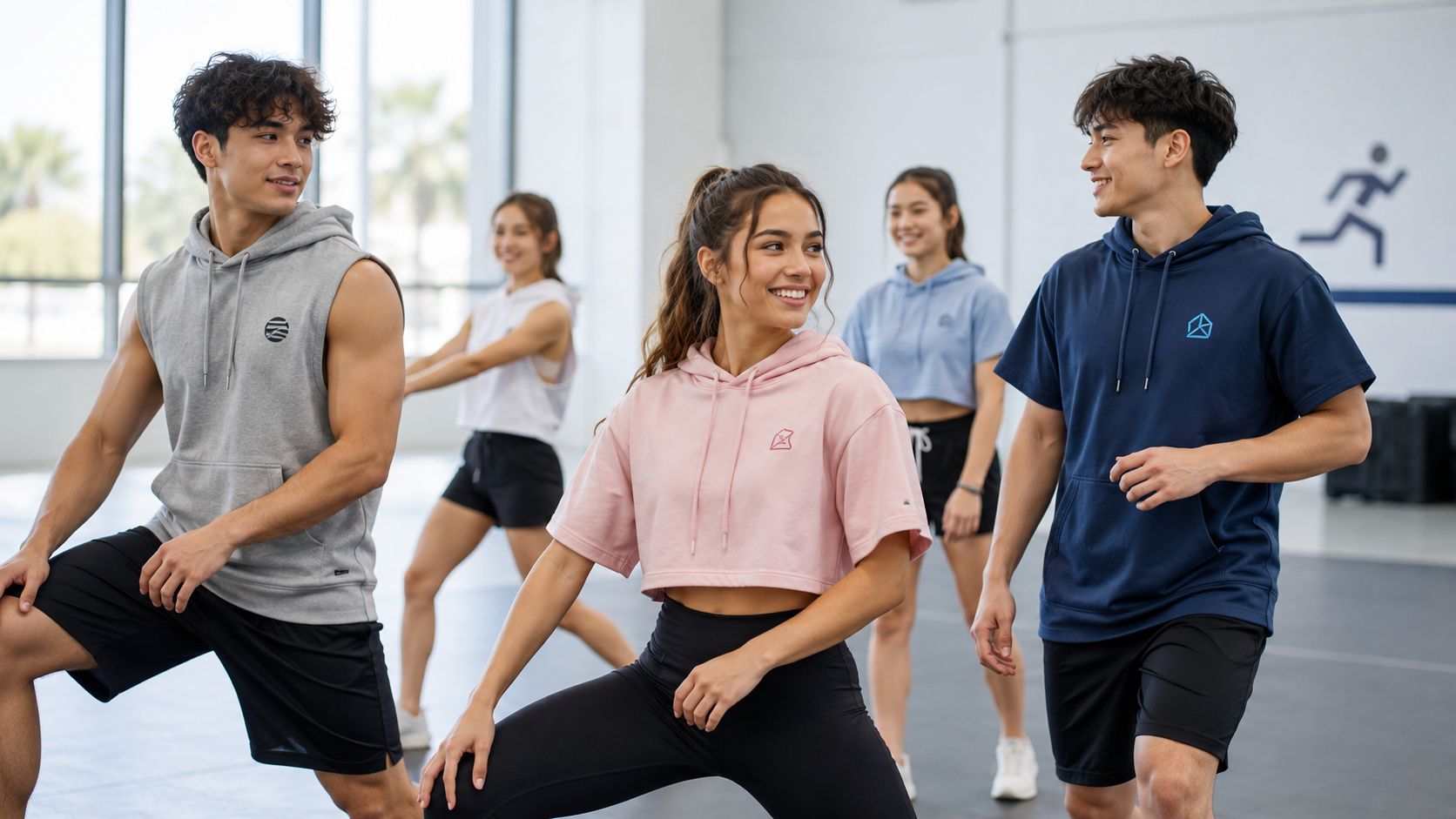Sleeveless and short-sleeve hoodies for fitness events, sports teams, and activewear campaigns