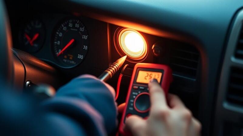Mechanic testing brake light switch under dashboard using multimeter.